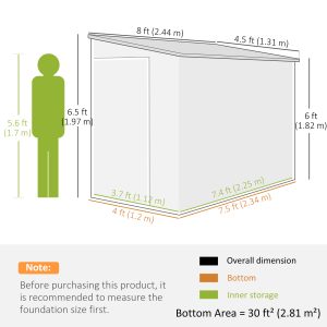 Outsunny 4.3' x 8' Outdoor Storage Shed with Floor, Garden Shed with Lockable Doors and Windows, Dark Grey - Image 3