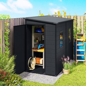 Outsunny 4.3' x 8' Outdoor Storage Shed with Floor, Garden Shed with Lockable Doors and Windows, Dark Grey - Image 8