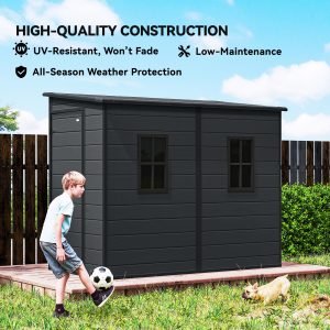 Outsunny 4.3' x 8' Outdoor Storage Shed with Floor, Garden Shed with Lockable Doors and Windows, Dark Grey - Image 9