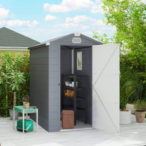 Outsunny 4.5' x 6' Garden Storage Shed with Latch Door, Vents, Sloped Roof, Light Grey - Image 1