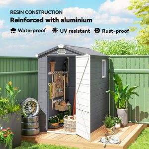 Outsunny 4.5' x 6' Garden Storage Shed with Latch Door, Vents, Sloped Roof, Light Grey - Image 5