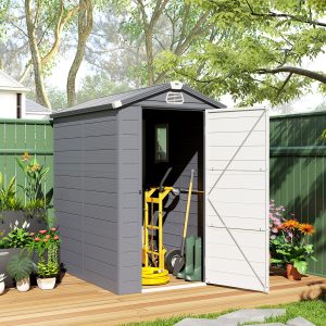 Outsunny 4.5' x 6' Garden Storage Shed with Latch Door, Vents, Sloped Roof, Light Grey - Image 8