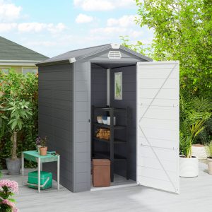 Outsunny 4.5' x 6' Plastic Garden Storage Shed with Latch Door, Vents, Sloped Roof, Dark Grey - Image 1