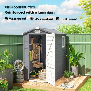 Outsunny 4.5' x 6' Plastic Garden Storage Shed with Latch Door, Vents, Sloped Roof, Dark Grey - Image 4