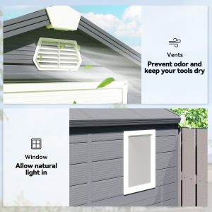 Outsunny 4.5' x 6' Plastic Garden Storage Shed with Latch Door, Vents, Sloped Roof, Dark Grey - Image 5