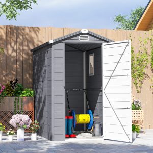 Outsunny 4.5' x 6' Plastic Garden Storage Shed with Latch Door, Vents, Sloped Roof, Dark Grey - Image 10