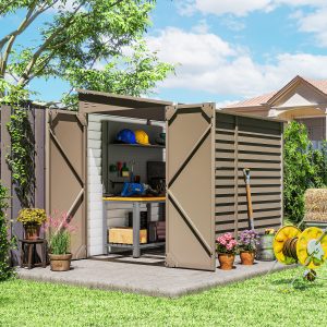 Outsunny 4.6' x 9' Steel Outdoor Storage Shed, Lean to Shed, Metal Tool House with Foundation Kit, Lockable Doors, Gloves and 2 Air Vents for Backyard, Patio, Lawn, Brown - Image 1