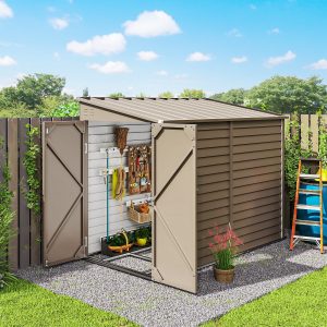 Outsunny 4.6' x 9' Steel Outdoor Storage Shed, Lean to Shed, Metal Tool House with Foundation Kit, Lockable Doors, Gloves and 2 Air Vents for Backyard, Patio, Lawn, Brown - Image 18