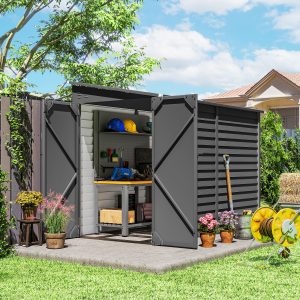 Outsunny 4.6' x 9' Steel Outdoor Storage Shed, Lean to Shed, Metal Tool House with Foundation Kit, Lockable Doors, Gloves and 2 Air Vents for Backyard, Patio, Lawn, Dark Grey - Image 1