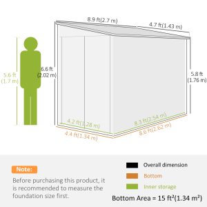 Outsunny 4.6' x 9' Steel Outdoor Storage Shed, Lean to Shed, Metal Tool House with Foundation Kit, Lockable Doors, Gloves and 2 Air Vents for Backyard, Patio, Lawn, Dark Grey - Image 13