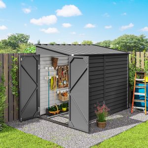 Outsunny 4.6' x 9' Steel Outdoor Storage Shed, Lean to Shed, Metal Tool House with Foundation Kit, Lockable Doors, Gloves and 2 Air Vents for Backyard, Patio, Lawn, Dark Grey - Image 8