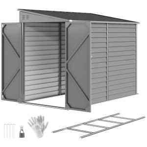 Outsunny 4.6' x 9' Steel Outdoor Storage Shed, Lean to Shed, Metal Tool House with Foundation Kit, Lockable Doors, Gloves and 2 Air Vents for Backyard, Patio, Lawn, Grey - Image 2
