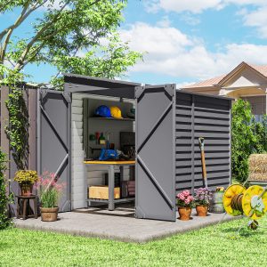 Outsunny 4.6' x 9' Steel Outdoor Storage Shed, Lean to Shed, Metal Tool House with Foundation Kit, Lockable Doors, Gloves and 2 Air Vents for Backyard, Patio, Lawn, Grey - Image 11