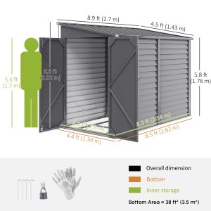 Outsunny 4.6' x 9' Steel Outdoor Storage Shed, Lean to Shed, Metal Tool House with Foundation Kit, Lockable Doors, Gloves and 2 Air Vents for Backyard, Patio, Lawn, Grey - Image 3