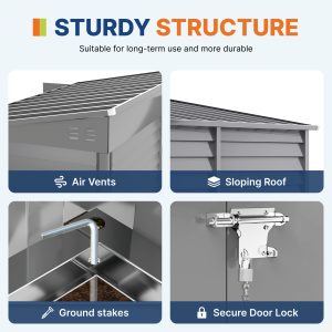 Outsunny 4.6' x 9' Steel Outdoor Storage Shed, Lean to Shed, Metal Tool House with Foundation Kit, Lockable Doors, Gloves and 2 Air Vents for Backyard, Patio, Lawn, Grey - Image 4
