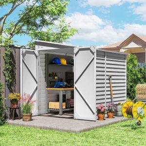 Outsunny 4.6' x 9' Steel Outdoor Storage Shed, Lean to Shed, Metal Tool House with Foundation Kit, Lockable Doors, Gloves and 2 Air Vents for Backyard, Patio, Lawn, White - Image 1