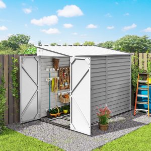 Outsunny 4.6' x 9' Steel Outdoor Storage Shed, Lean to Shed, Metal Tool House with Foundation Kit, Lockable Doors, Gloves and 2 Air Vents for Backyard, Patio, Lawn, White - Image 8
