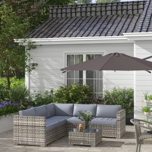 Outsunny 4 Pieces Rattan Wicker Outdoor Conversation Furniture Set w/ Corner Sofa Loveseats Coffee Table Cushions, Grey - Image 1