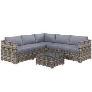 Outsunny 4 Pieces Rattan Wicker Outdoor Conversation Furniture Set w/ Corner Sofa Loveseats Coffee Table Cushions, Grey - Image 2