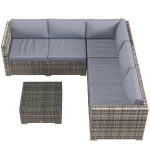 Outsunny 4 Pieces Rattan Wicker Outdoor Conversation Furniture Set w/ Corner Sofa Loveseats Coffee Table Cushions, Grey - Image 11