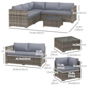 Outsunny 4 Pieces Rattan Wicker Outdoor Conversation Furniture Set w/ Corner Sofa Loveseats Coffee Table Cushions, Grey - Image 3