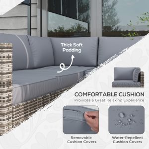 Outsunny 4 Pieces Rattan Wicker Outdoor Conversation Furniture Set w/ Corner Sofa Loveseats Coffee Table Cushions, Grey - Image 4