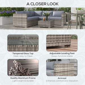 Outsunny 4 Pieces Rattan Wicker Outdoor Conversation Furniture Set w/ Corner Sofa Loveseats Coffee Table Cushions, Grey - Image 5