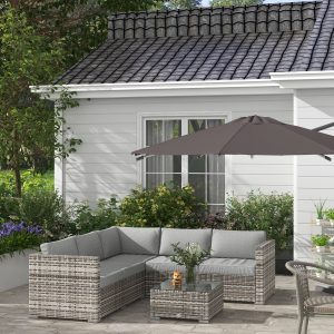 Outsunny 4 Pieces Rattan Wicker Outdoor Conversation Furniture Set w/ Corner Sofa Loveseats Coffee Table Cushions, Mixed Grey - Image 1