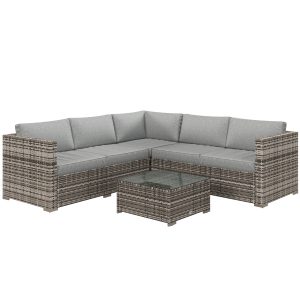 Outsunny 4 Pieces Rattan Wicker Outdoor Conversation Furniture Set w/ Corner Sofa Loveseats Coffee Table Cushions, Mixed Grey - Image 2