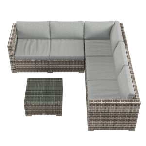 Outsunny 4 Pieces Rattan Wicker Outdoor Conversation Furniture Set w/ Corner Sofa Loveseats Coffee Table Cushions, Mixed Grey - Image 11