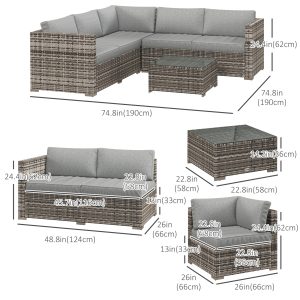 Outsunny 4 Pieces Rattan Wicker Outdoor Conversation Furniture Set w/ Corner Sofa Loveseats Coffee Table Cushions, Mixed Grey - Image 3