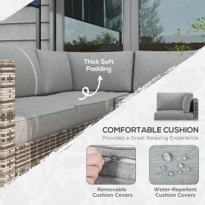 Outsunny 4 Pieces Rattan Wicker Outdoor Conversation Furniture Set w/ Corner Sofa Loveseats Coffee Table Cushions, Mixed Grey - Image 5