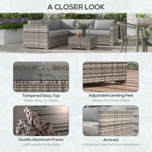 Outsunny 4 Pieces Rattan Wicker Outdoor Conversation Furniture Set w/ Corner Sofa Loveseats Coffee Table Cushions, Mixed Grey - Image 6