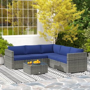 Outsunny 4 Pieces Rattan Wicker Outdoor Conversation Furniture Set w/ Corner Sofa Loveseats Coffee Table Cushions, Navy Blue - Image 1