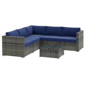 Outsunny 4 Pieces Rattan Wicker Outdoor Conversation Furniture Set w/ Corner Sofa Loveseats Coffee Table Cushions, Navy Blue - Image 2