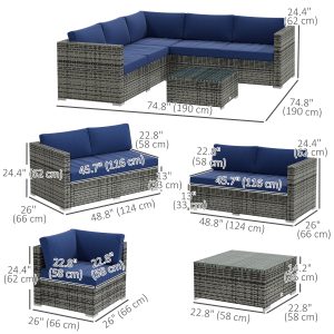 Outsunny 4 Pieces Rattan Wicker Outdoor Conversation Furniture Set w/ Corner Sofa Loveseats Coffee Table Cushions, Navy Blue - Image 3
