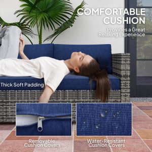 Outsunny 4 Pieces Rattan Wicker Outdoor Conversation Furniture Set w/ Corner Sofa Loveseats Coffee Table Cushions, Navy Blue - Image 4
