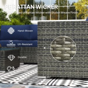 Outsunny 4 Pieces Rattan Wicker Outdoor Conversation Furniture Set w/ Corner Sofa Loveseats Coffee Table Cushions, Navy Blue - Image 5