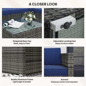 Outsunny 4 Pieces Rattan Wicker Outdoor Conversation Furniture Set w/ Corner Sofa Loveseats Coffee Table Cushions, Navy Blue - Image 6