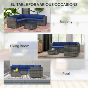 Outsunny 4 Pieces Rattan Wicker Outdoor Conversation Furniture Set w/ Corner Sofa Loveseats Coffee Table Cushions, Navy Blue - Image 7
