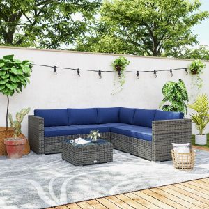 Outsunny 4 Pieces Rattan Wicker Outdoor Conversation Furniture Set w/ Corner Sofa Loveseats Coffee Table Cushions, Navy Blue - Image 8