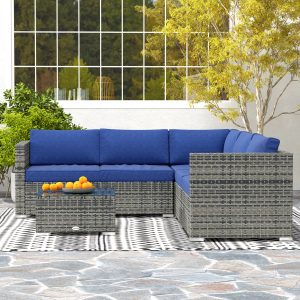 Outsunny 4 Pieces Rattan Wicker Outdoor Conversation Furniture Set w/ Corner Sofa Loveseats Coffee Table Cushions, Navy Blue - Image 9