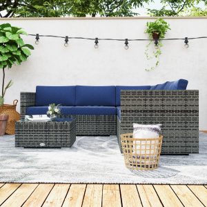 Outsunny 4 Pieces Rattan Wicker Outdoor Conversation Furniture Set w/ Corner Sofa Loveseats Coffee Table Cushions, Navy Blue - Image 10