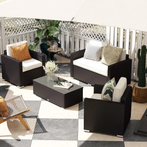 Outsunny 4 Pieces Sectional Patio Furniture Set, Rattan Wicker Patio Chairs Outdoor Coffee Set with Cushions, Cream White - Image 1