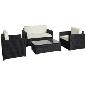 Outsunny 4 Pieces Sectional Patio Furniture Set, Rattan Wicker Patio Chairs Outdoor Coffee Set with Cushions, Cream White - Image 2