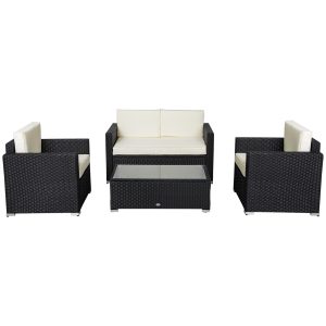 Outsunny 4 Pieces Sectional Patio Furniture Set, Rattan Wicker Patio Chairs Outdoor Coffee Set with Cushions, Cream White - Image 13