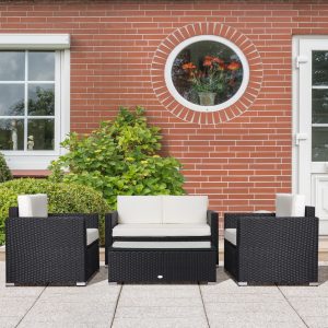 Outsunny 4 Pieces Sectional Patio Furniture Set, Rattan Wicker Patio Chairs Outdoor Coffee Set with Cushions, Cream White - Image 8