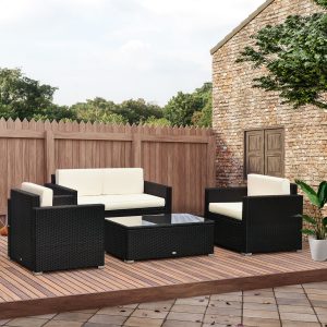 Outsunny 4 Pieces Sectional Patio Furniture Set, Rattan Wicker Patio Chairs Outdoor Coffee Set with Cushions, Cream White - Image 9