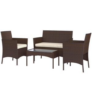 Outsunny 4 Pieces Wicker Outdoor Balcony Furniture Set Rattan Patio Furniture Set with Loveseat Chairs Glass Coffee Table Beige - Image 2