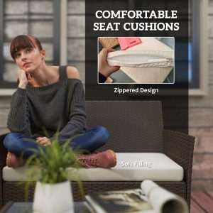 Outsunny 4 Pieces Wicker Outdoor Balcony Furniture Set Rattan Patio Furniture Set with Loveseat Chairs Glass Coffee Table Beige - Image 4